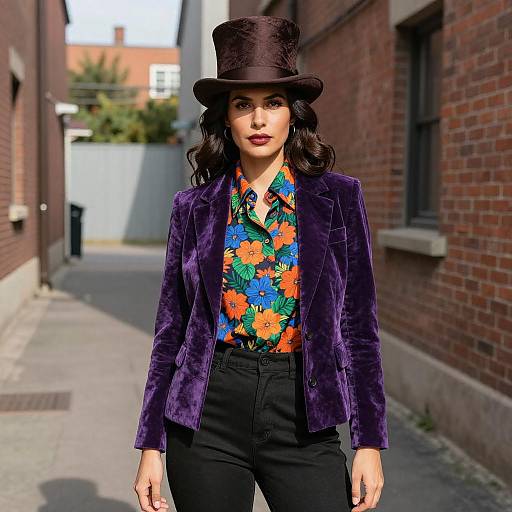 Woman in Vibrant Floral Velvet Outfit