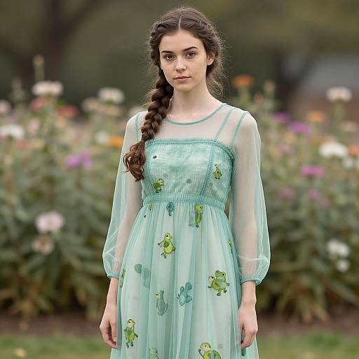 Photograph of a young woman with fair skin, long dark hair in a braid, wearing a translucent, mint-green dress with floral patterns, standing