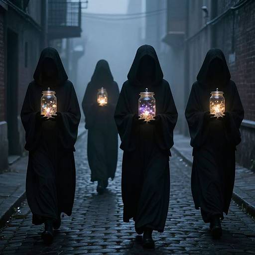 Photograph of four hooded figures walking down a foggy, cobblestone alley at night, each holding a lit jar with glowing contents.