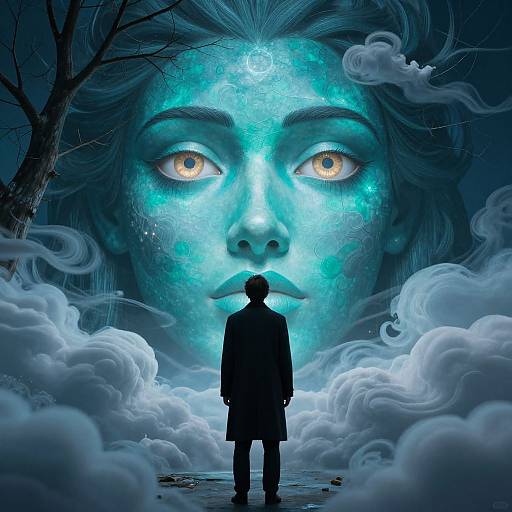 Digital artwork of a silhouetted figure facing a large, glowing blue ethereal face with golden eyes, surrounded by swirling clouds in a dark,