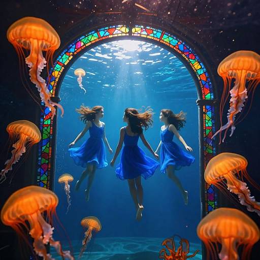 Photograph of three women in blue dresses, underwater, holding hands, surrounded by glowing orange jellyfish, with a colorful stained-glass arch above.