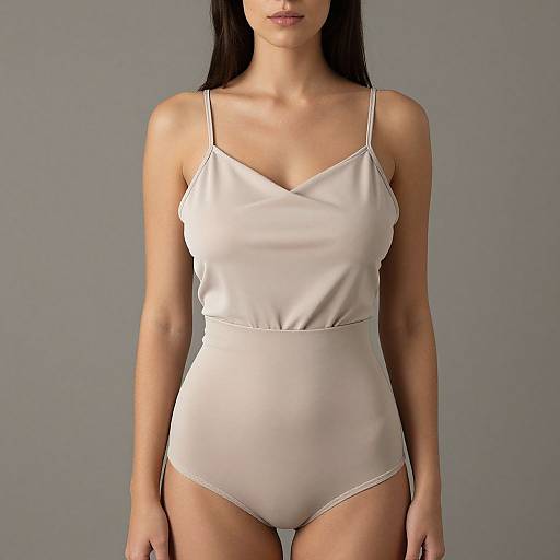 Photograph of a woman with long dark hair, wearing a white, spaghetti-strap, V-neck, high-waisted one-piece swimsuit,