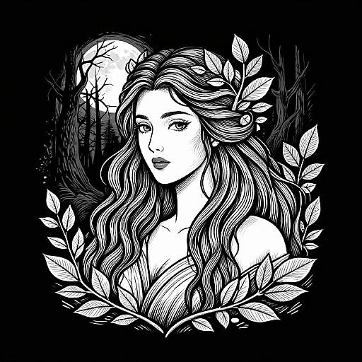 Black-and-white digital drawing of a woman with flowing hair, surrounded by leaves, against a moonlit forest background. Intricate line art style.