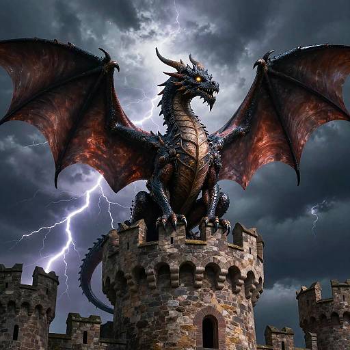 Photorealistic digital art of a black dragon with red-tinged wings perched on a crumbling stone castle, illuminated by a bright lightning bolt in
