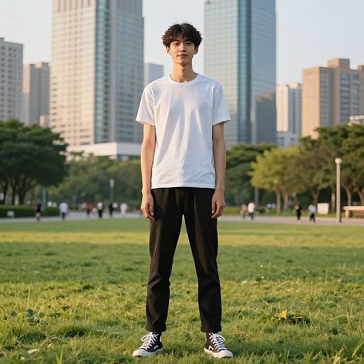 Photograph of a young man with curly black hair, wearing a white t-shirt, black pants, and black sneakers, standing on a grassy park