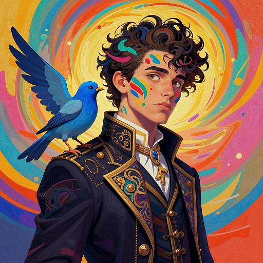Digital art of a curly-haired, fair-skinned man in ornate black jacket with colorful face paint, blue bird on shoulder, vibrant swirl background.