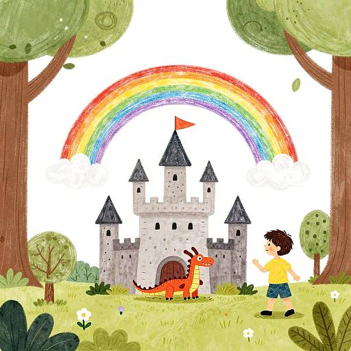 Colorful digital illustration of a castle with tall towers, a red dragon, and a rainbow above, with a child in yellow shirt and blue shorts standing