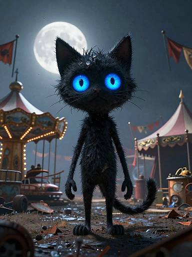 CGI image of a spooky, glowing blue-eyed black cat with shaggy fur standing in a dark, moonlit carnival with broken circus tents and
