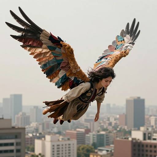 Photograph of a person with feathered wings, wearing Native American-inspired clothing, flying over a cityscape with skyscrapers and buildings.