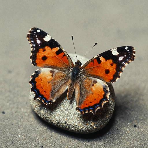 Photograph of a vibrant orange and black butterfly with white spots, perched on a glittery silver stone against a gray textured background.
