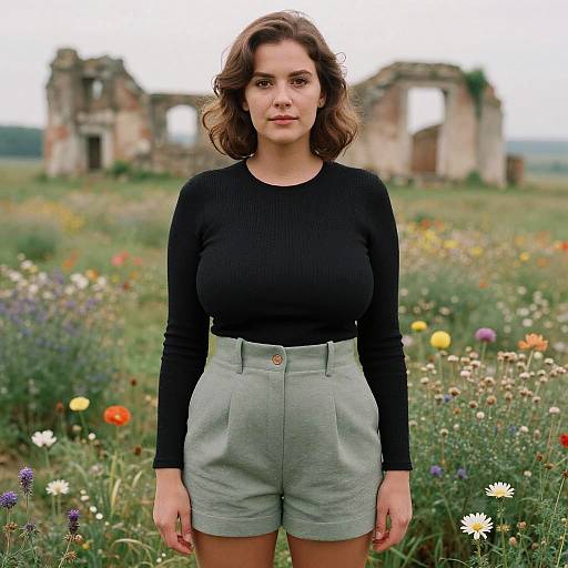 Photograph of a curvy woman with wavy brown hair, wearing a black long-sleeve top and light green high-waisted shorts,