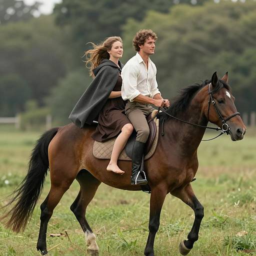 Couple on Horseback in Grassy Field