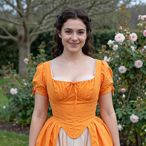 Photograph of a smiling young woman with dark curly hair, wearing an orange, short-sleeved, square-neck dress, standing in a garden with