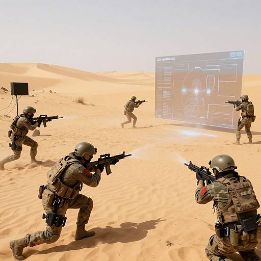 Photograph of four soldiers in desert camouflage, armed and crouching, aiming at a holographic target displayed in the sand.