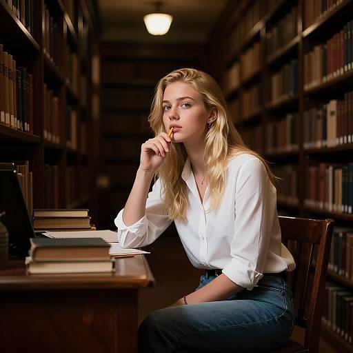 Blonde woman in white blouse and blue jeans, sitting in dimly lit library, biting on a pencil, surrounded by bookshelves.