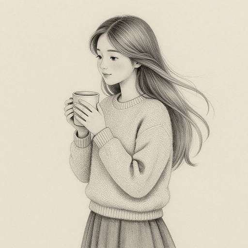 Monochromatic digital drawing of a young woman with long, flowing hair, wearing a knitted sweater and skirt, gently holding a mug, smiling softly