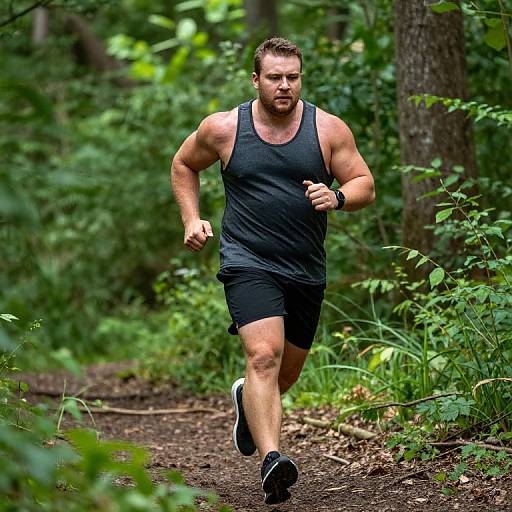 Photograph of a muscular, bearded man in a black tank top and shorts running on a forest trail, surrounded by lush greenery.