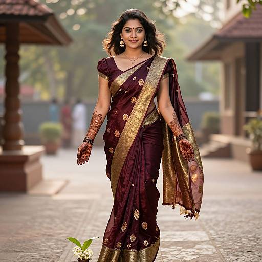 Photograph of a beautiful Indian woman in a burgundy and gold saree with intricate patterns, walking confidently on a sunlit, cobblestone path