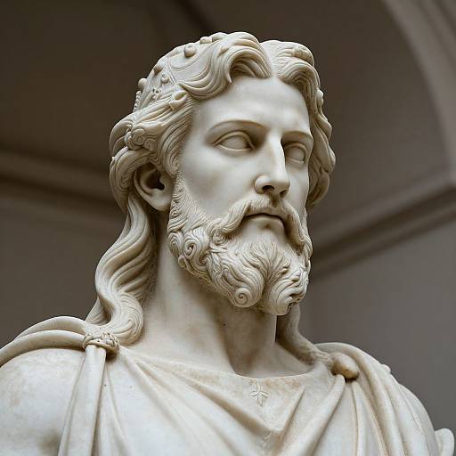 Photograph of a detailed white marble statue depicting a bearded, wavy-haired male figure with a thoughtful expression, wearing a draped garment. Arched