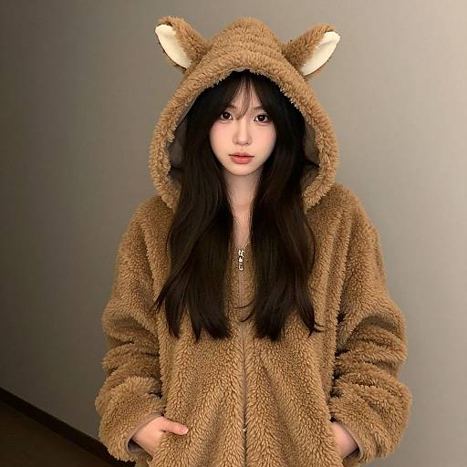 Photograph of an East Asian woman with long black hair wearing a fuzzy brown bear hoodie with ears, standing against a gray wall.