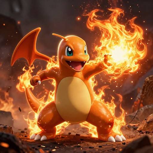 Digital illustration of Charizard, an orange, dragon-like Pokémon with blue eyes, standing amidst fiery flames, with wings outstretched, in a dark