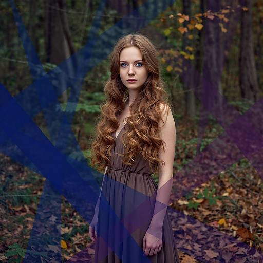 Photograph of a fair-skinned, long-haired young woman with blue eyes wearing a sheer black dress, standing in a forest with autumn leaves and a