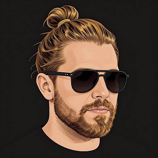 Digital illustration of a bearded man with brown hair in a bun, wearing black sunglasses, against a solid black background.