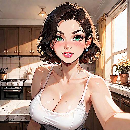 Brunette Woman Taking Selfie in Kitchen