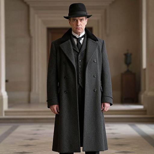 Photograph of a serious, white man in a black overcoat, black hat, and tie, standing in a grand, stone-floored hallway