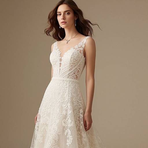 Photograph of a beautiful brunette woman in a white lace sleeveless wedding dress with a deep V-neck, standing against a plain beige background.