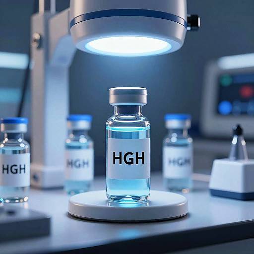 Photograph of five glowing blue glass vials labeled 