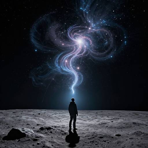 Silhouetted figure stands on moonlit landscape, gazing at swirling, luminous cosmic nebula in dark starry sky. Digital art.