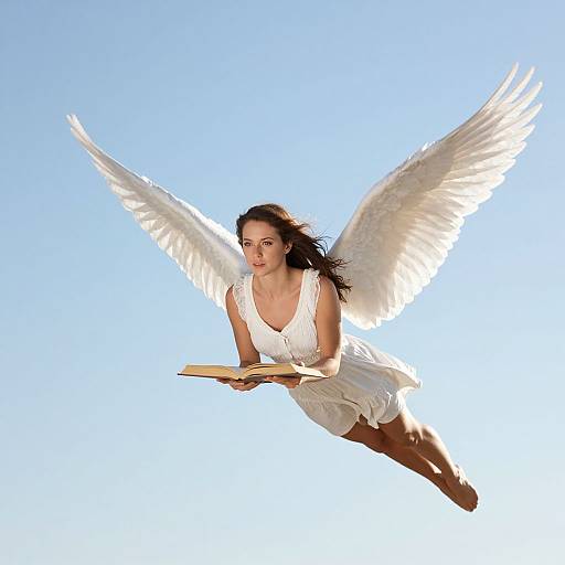 Photograph of a white-winged woman with long brown hair, wearing a white dress, flying against a clear blue sky while holding an open book.