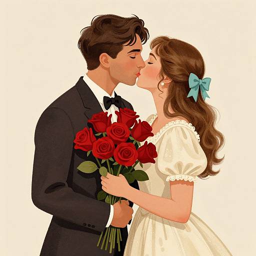 Digital illustration of a young couple kissing, the man in a black suit holding a bouquet of red roses, the woman in a white dress with a blue