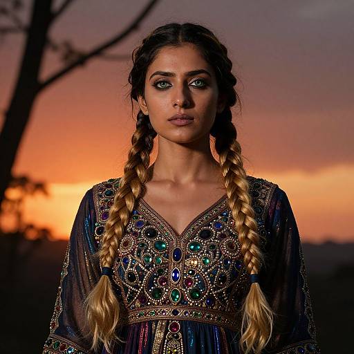 Photograph of a woman with long braided blonde hair, wearing an ornate, multicolored embroidered dress, against a vivid sunset background.