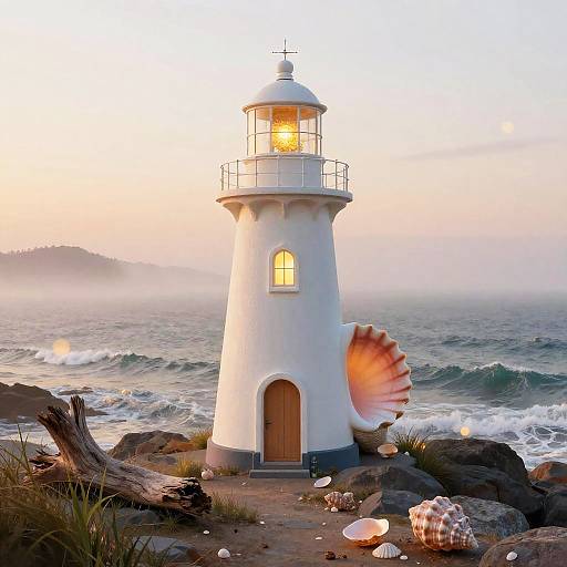 Whimsical Seashell Lighthouse at Sunset