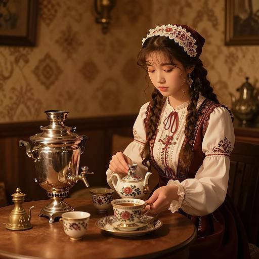 Photograph of a young woman with braided hair, lace headband, and Victorian dress, pouring tea from a floral teapot in a warmly lit