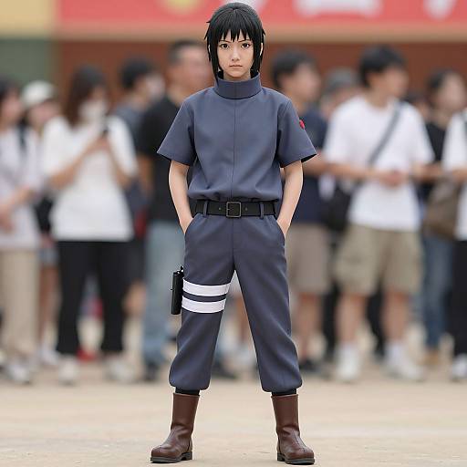 Digital anime-style image of a young Asian man with black hair, wearing a dark gray tunic, pants with white stripes, brown boots, standing in