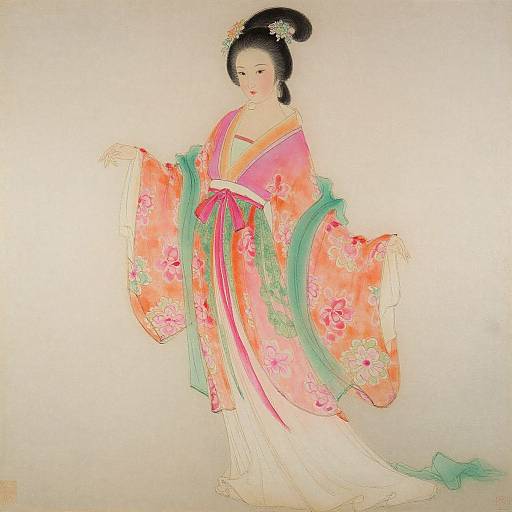Traditional Japanese woodblock print of a elegant woman in a pink and green floral kimono with wide sleeves, black hair styled in an updo, and