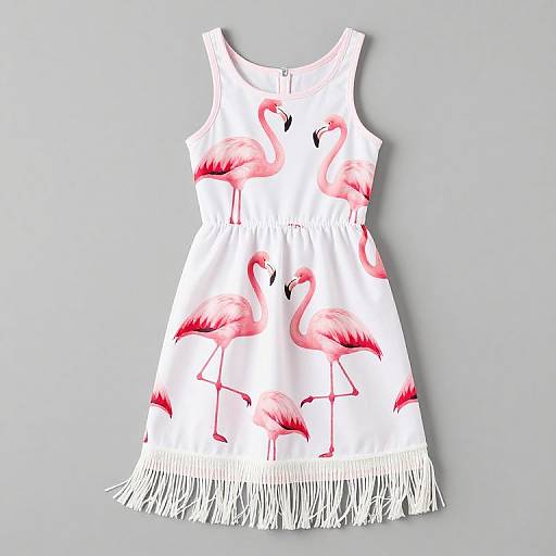 White sleeveless dress with pink flamingo prints, black hearts, and white fringe hem, displayed against a light gray background.
