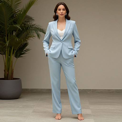 Photograph of a confident woman in a light blue business suit, white blouse, and open-toed heels, standing with hands in pockets, in front