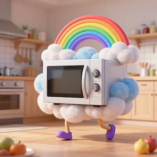 CGI image of a white microwave with rainbow arching over it, surrounded by fluffy clouds, wearing purple shoes, in a bright kitchen.