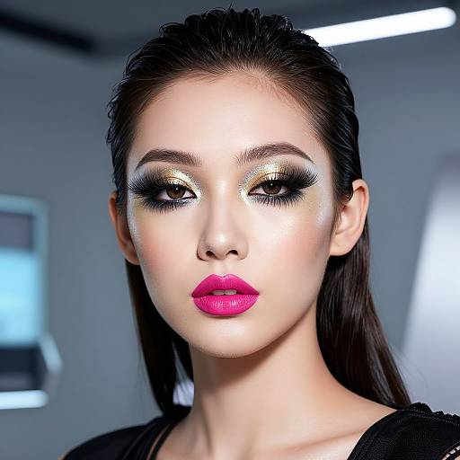 Photograph of a stunning woman with fair skin, black hair, bright pink lips, and dramatic gold and black smokey eye makeup, wearing a black