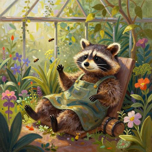 Cheerful Raccoon Gardener in Greenhouse