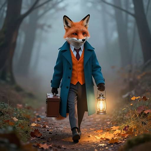 Anthropomorphic fox in blue coat, orange vest, and striped pants walks through misty forest holding lantern and briefcase, surrounded by autumn leaves.