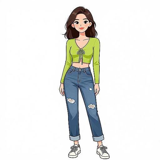 Digital illustration of a smiling young woman with long brown hair, wearing a lime green crop top and ripped blue jeans, standing against a white background.