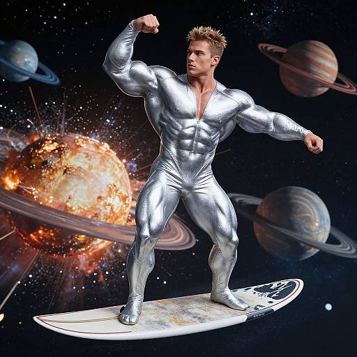 Muscular man in shiny silver bodysuit, flexing, surfing on a white board, surrounded by colorful planets and a fiery explosion in space.