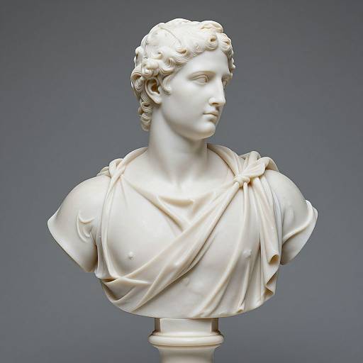 Neoclassical marble bust of a young man with curly hair, draped in a flowing toga, against a plain gray background.
