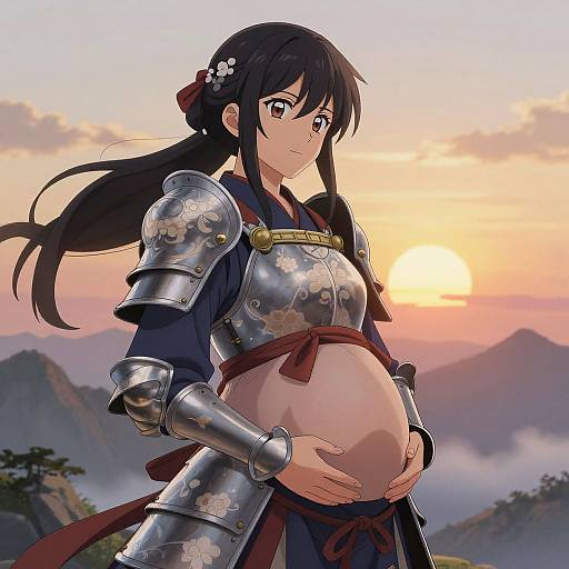 Digital anime artwork of a pregnant samurai woman in silver armor with floral patterns, holding her belly, against a sunrise mountain backdrop.