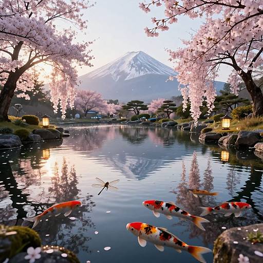 Photograph of serene Japanese pond with vibrant orange and white koi fish, surrounded by cherry blossom trees, reflecting on the water, with a snow-c